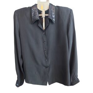 Jones New York Navy Button-Front Blouse with Sequin Collar 100% silk